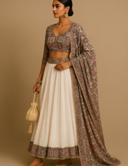 Ivory & Multicolour Embroidered Lehenga Set
