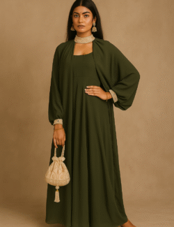 Olive Embellished Cape-Sleeve Maxi Dress