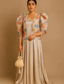 Beige Gown with Multicolour Floral Puff-Sleeve Jacket