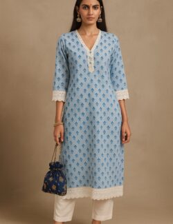 Light Blue Floral Cotton Kurti with Lace Detailing