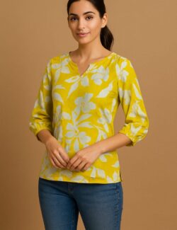 Lemon Floral Printed Cotton Top