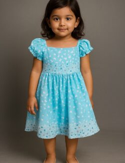 Blue Butterfly Print Puff Sleeve Frock