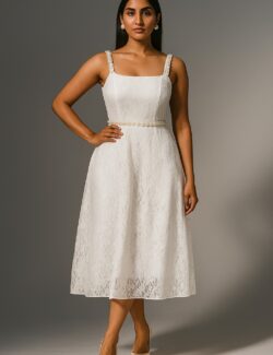 Pearl Strap Ivory Lace Midi Dress