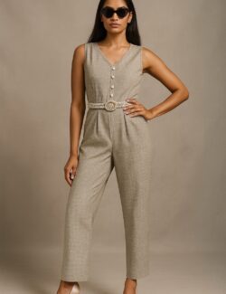 Pearl Buckle Taupe Polka Dot Jumpsuit