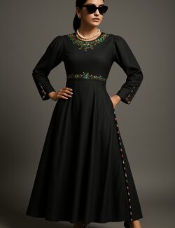 Black Embroidered A-Line Gown with Multicolor Detailing