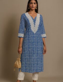 Royal Blue Ethnic Print Kurti with Contrast Yoke Panel