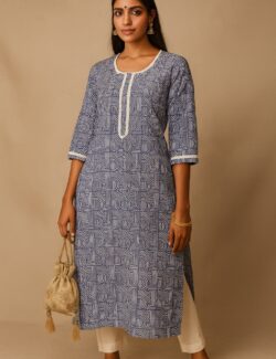Slate Blue Geometric Print Cotton Kurti with Contrast Piping