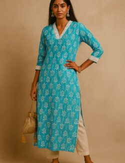 Turquoise Blue Floral Printed Cotton Kurti with Lace Neckline