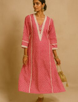 Blush Pink Printed Cotton Kurti with Deep V-Neck Lace Detailing