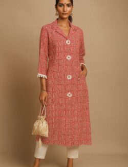 Rust Red Geometric Print Cotton Kurti with Decorative Buttons