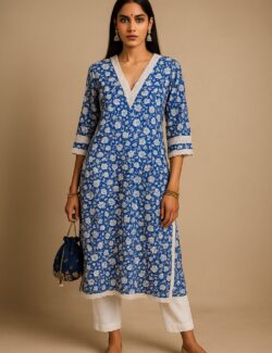 Royal Blue Floral Printed Cotton Kurti with Lace Detailing