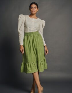 Lime Green Printed Cotton Ruffle Skirt