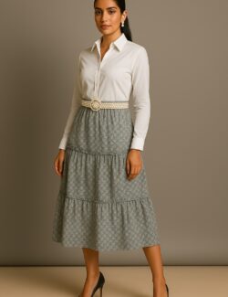 Grey Printed Tiered Midi Skirt