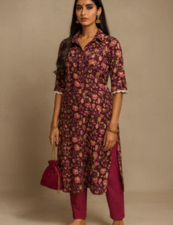 Burgundy Floral Printed Collared Kurti