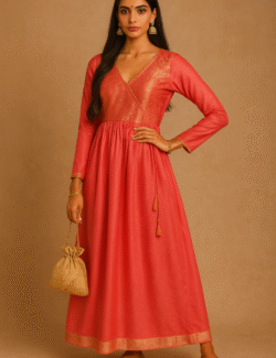 Coral Gold-Toned Silk Anarkali Dress