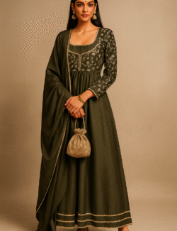 Olive Green Embroidered Anarkali Set with Dupatta & Potli