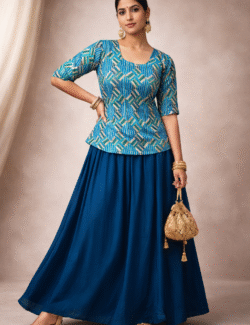 Blue Handcrafted Printed Kurti with Flared Skirt Set