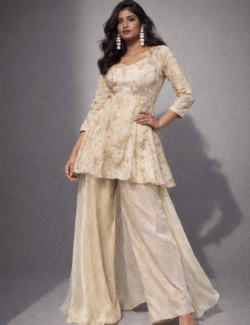 Ivory Gold Embroidered Peplum Palazzo Set