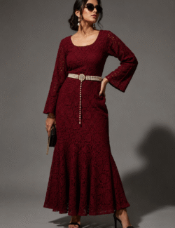 Burgundy Floral Lace Midi Dress